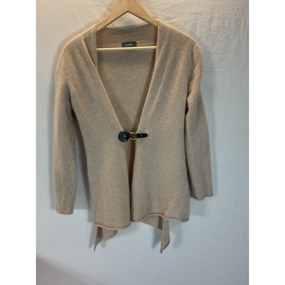 Neiman Marcus 100%  Cashmere Cardigan LG Buckle closed LONG womens Tan - Picture 1 of 12
